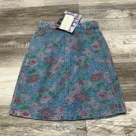 NWT Vintage 80s Sunset Blues Chic Floral Womens 3 Denim Jean Skirt USA Deadstock - Picture 2 of 8